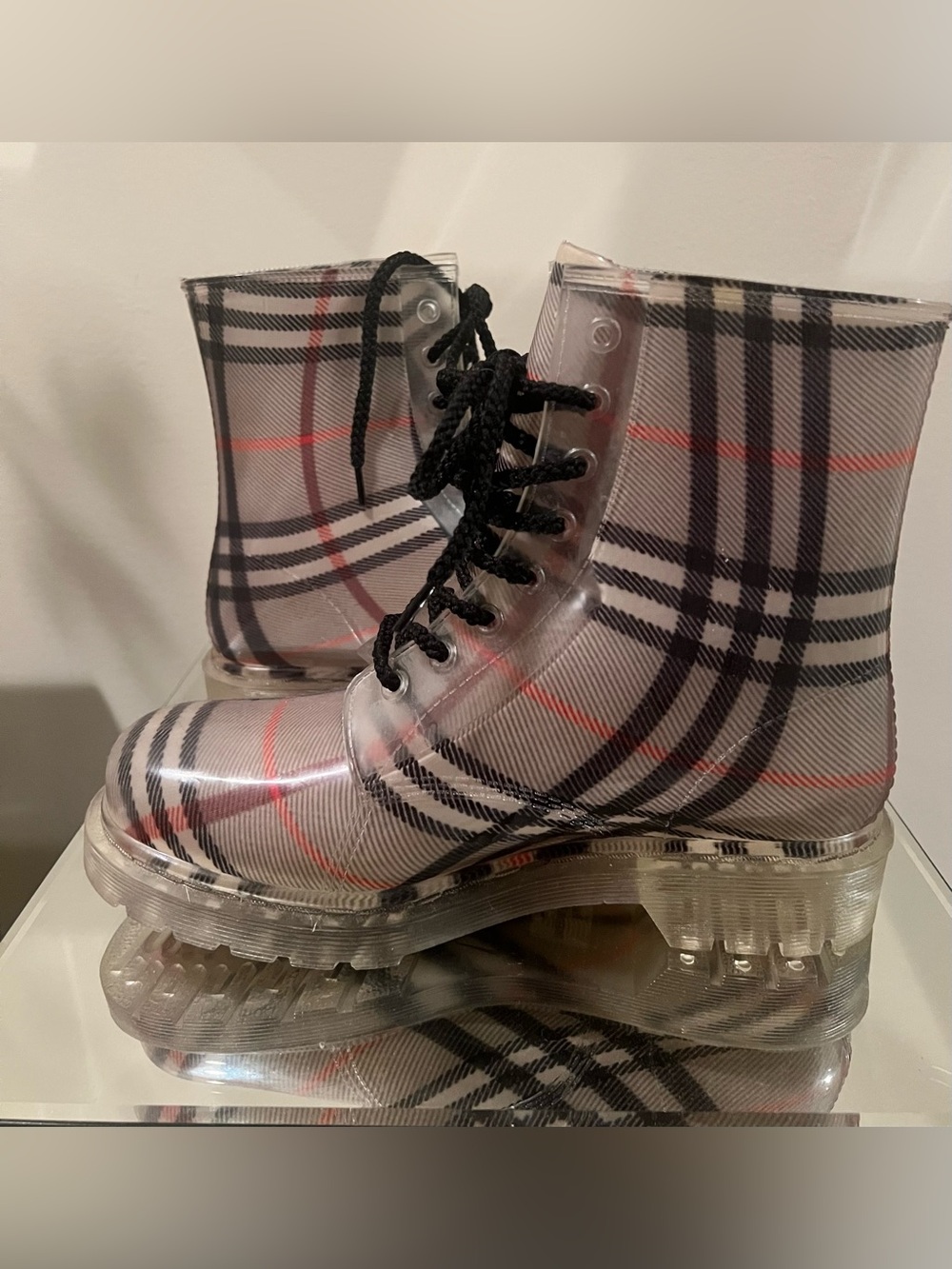 Plaid Lace-Up Clear Rain Boots in Black, White & Red